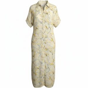 DVF +Onia Linen Yellow Floral Long Line Short Sleeve Button-up Dress Siz…